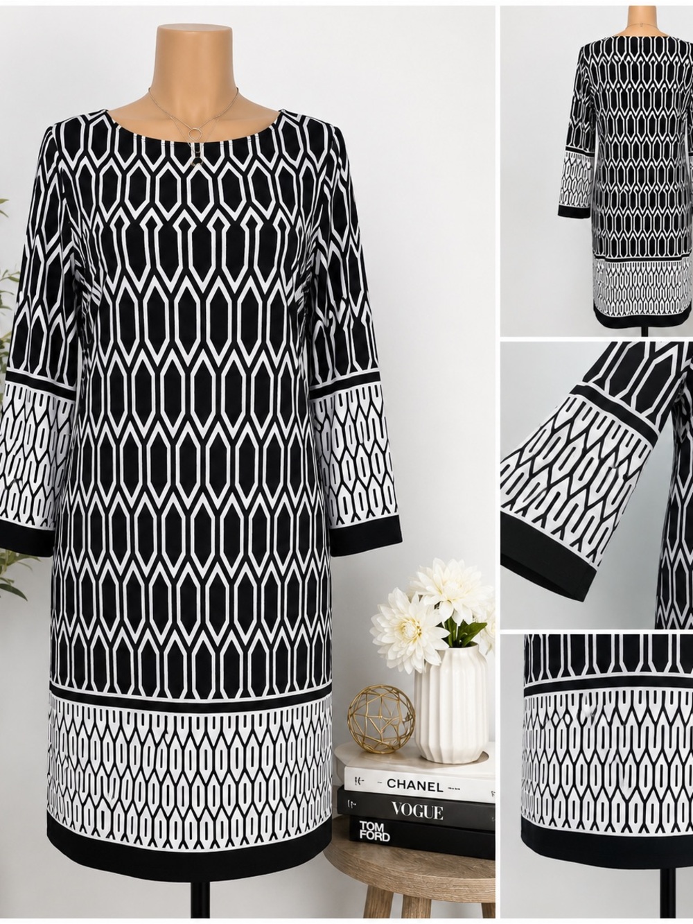 En Focus Studio Dress Womens 14 Black White Geometric Print 3/4 Sleeve Shift